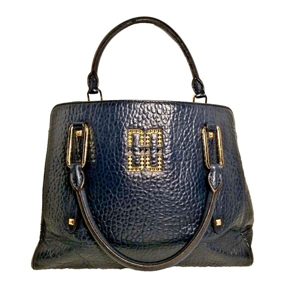 Authentic Daks London Satchel Handbag Purse Logo Blue Leather Studs Footed - Picture 2 of 16